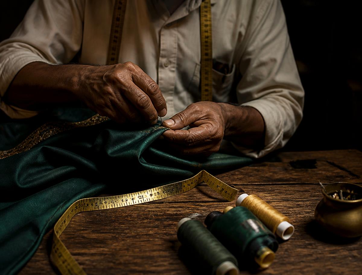 A ZUAZUN tailor hand-stitching emerald silk in the atelier